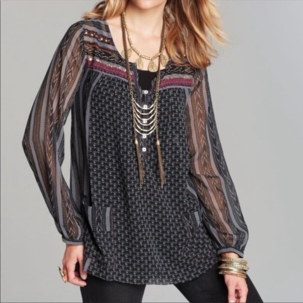Free People Beaded Sheer Tunic Blouse Size XS Purple Grey Black